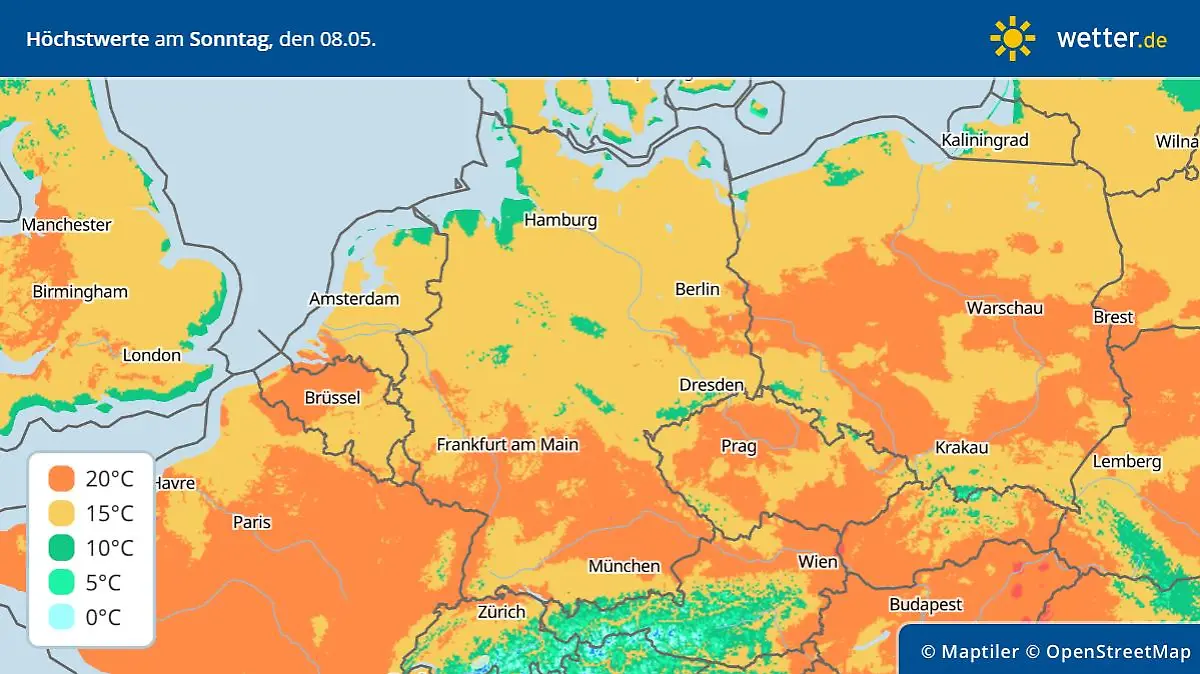 Die Temperaturvorhersage für Deutschland am Sonntag, 8. Mai 2022 - Muttertag.