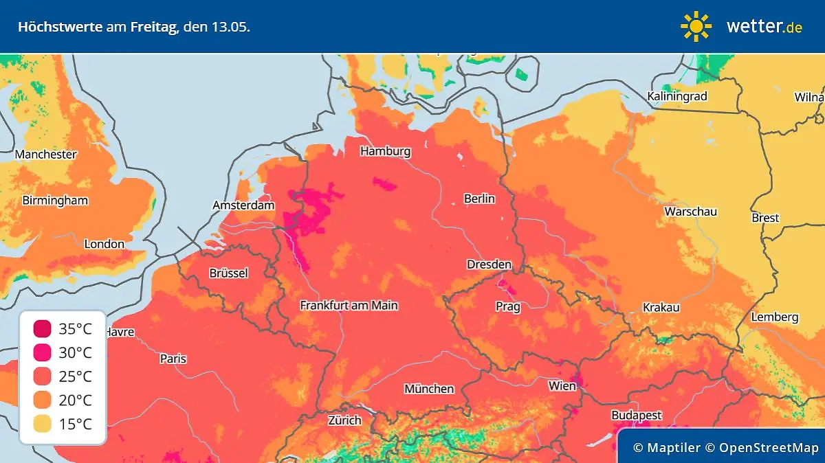 Höchstwerte im Sommerbereich - am 13. Mai 2022 sehen die Wettercomputer Sommerfeeling statt Eisheilige