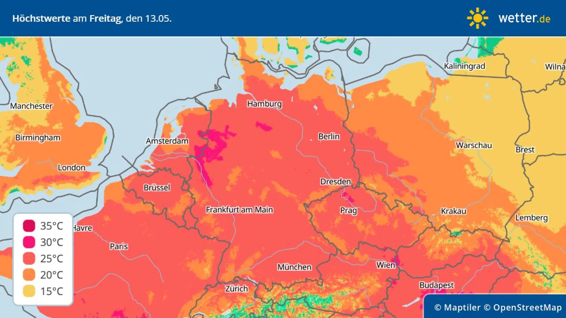 Höchstwerte im Sommerbereich - am 13. Mai 2022 sehen die Wettercomputer Sommerfeeling statt Eisheilige