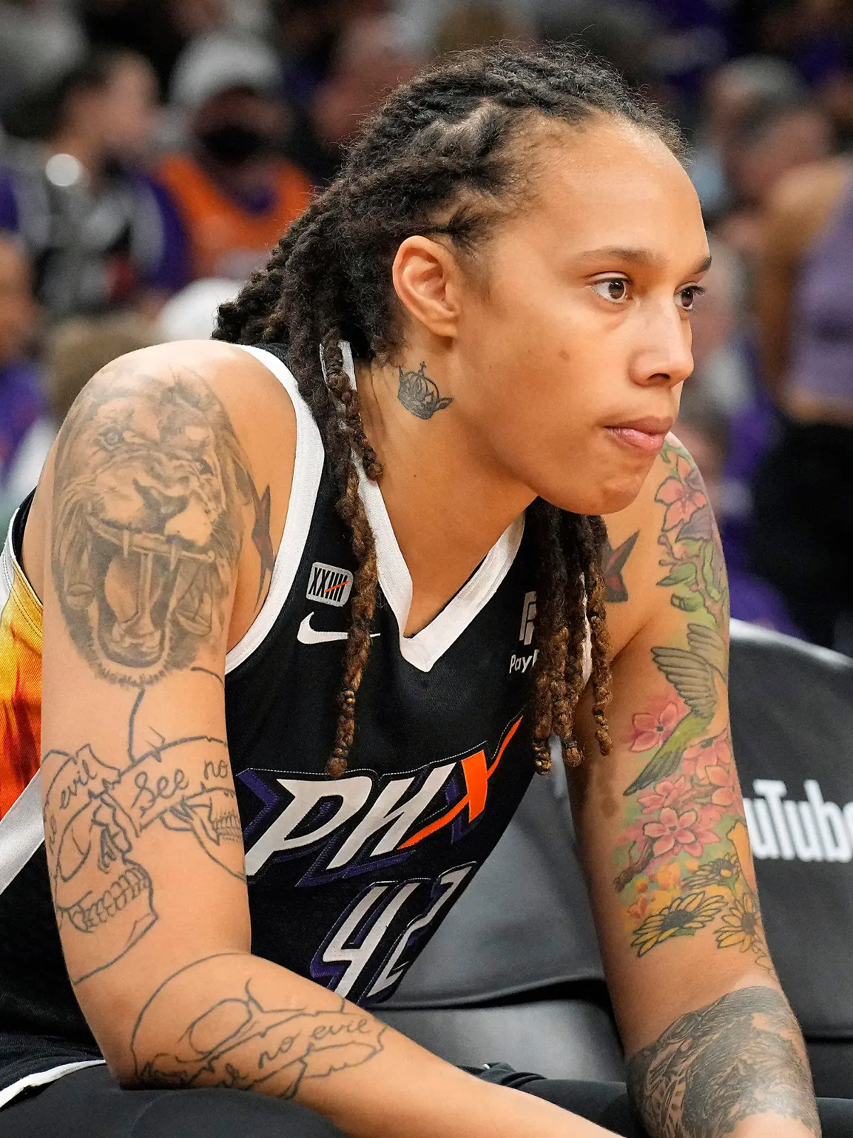 FILE - Phoenix Mercury center Brittney Griner sits during the first half of Game 2 of basketball's WNBA Finals against the Chicago Sky, Wednesday, Oct. 13, 2021, in Phoenix. Griner is easily the most prominent American citizen known to be jailed by a foreign government. Yet as a crucial hearing approaches next month, the case against her remains shrouded in mystery, with little clarity from the Russian prosecutors. (AP Photo/Rick Scuteri, File)