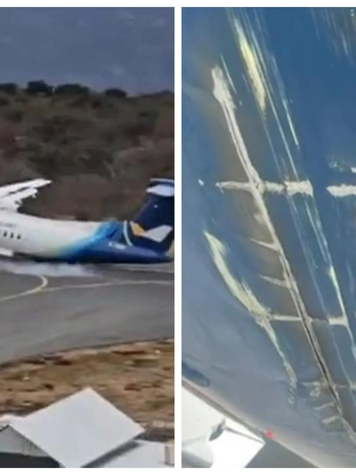 Das Flugzeug setzt mit dem Heck auf der Landebahn auf.