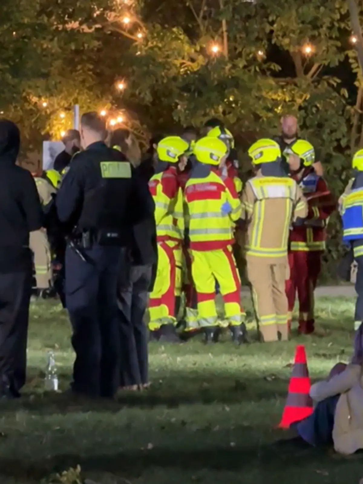Rettungskräfte auf einer Wiese. 