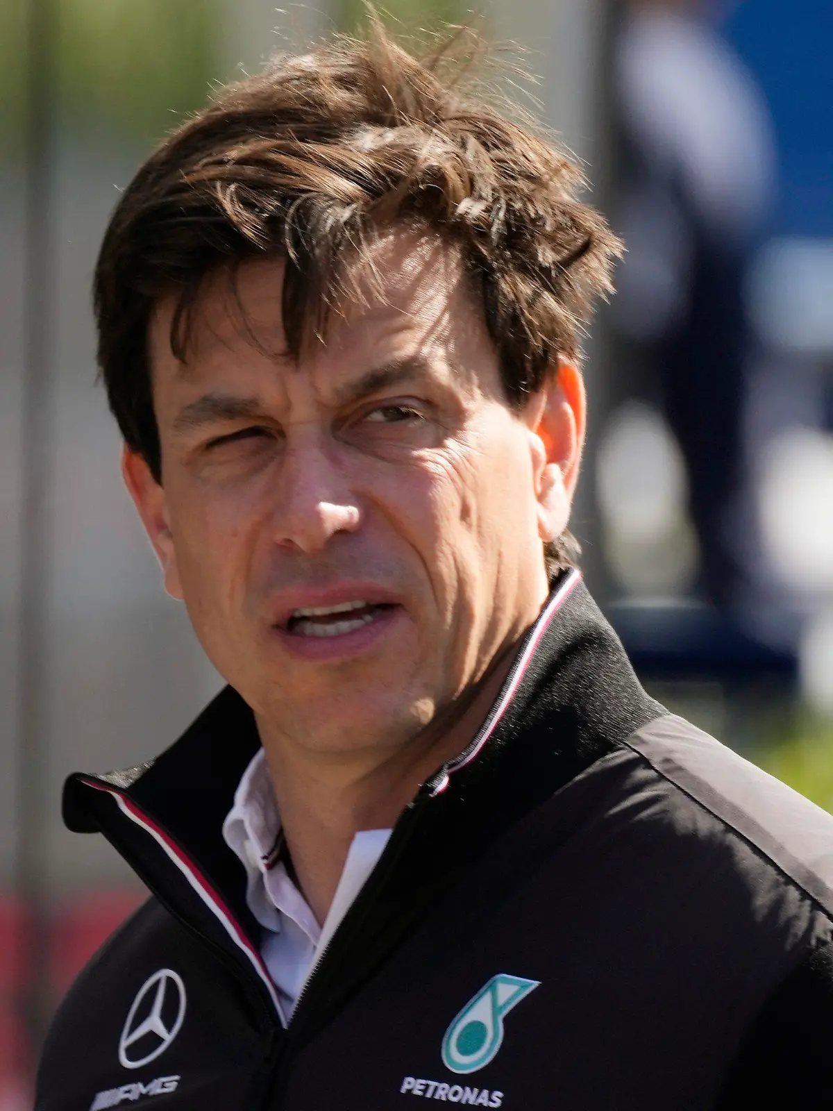 Team chief of Mercedes-AMG Petronas Toto Wolff arrives in the paddock ahead the Emilia Romagna Formula One Grand Prix, at the Enzo and Dino Ferrari racetrack, in Imola, Italy, Sunday, April 24, 2022. (AP Photo/Luca Bruno)
