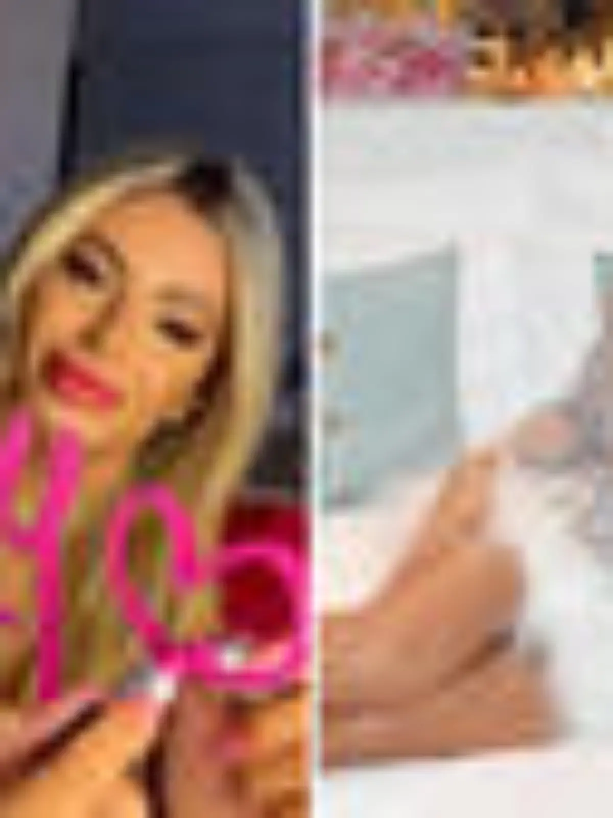 Fotokollage: Links schreibt Janaina mit einem Lippenstift „Playboy” auf einen Spiegel, rechts posiert sie auf einem Bett