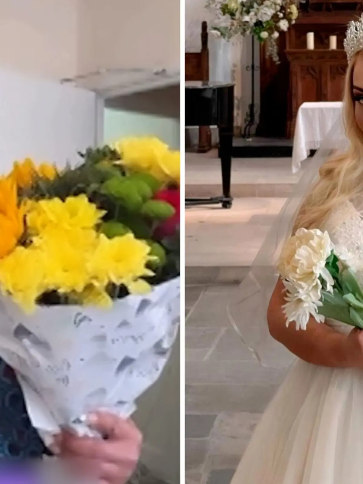 Fotokollage: Links die Influencerin mit einem Blumenstrauß winkend, rechts ist die Influencerin im Brautkleid zu sehen
