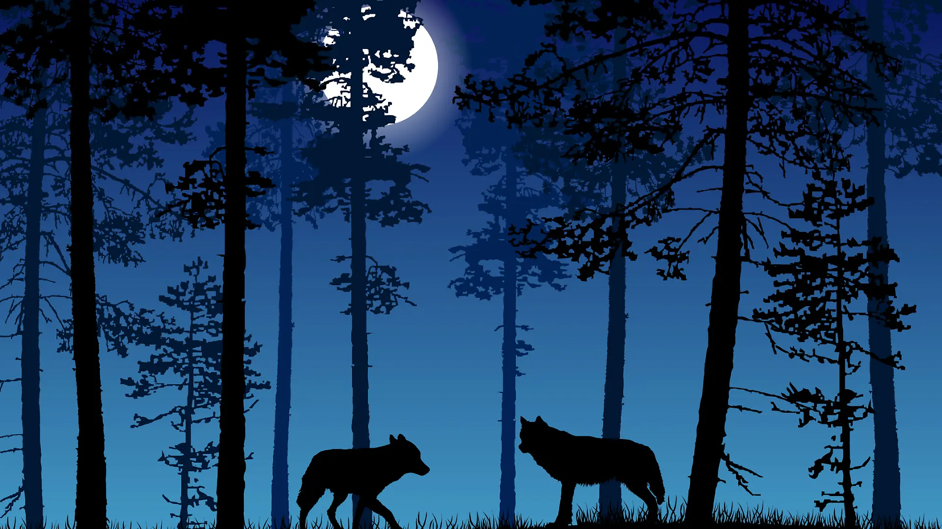 Zwei Wölfe in einem Wald bei Vollmond.