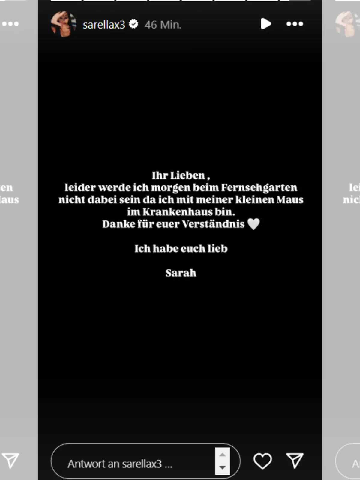 Mit diesen Zeilen meldet sich Sarah Engels bei ihren Fans auf Instagram. Weil es ihrer Tochter nicht gut geht, sagt sie ihren Auftritt beim Fernsehgarten ab.