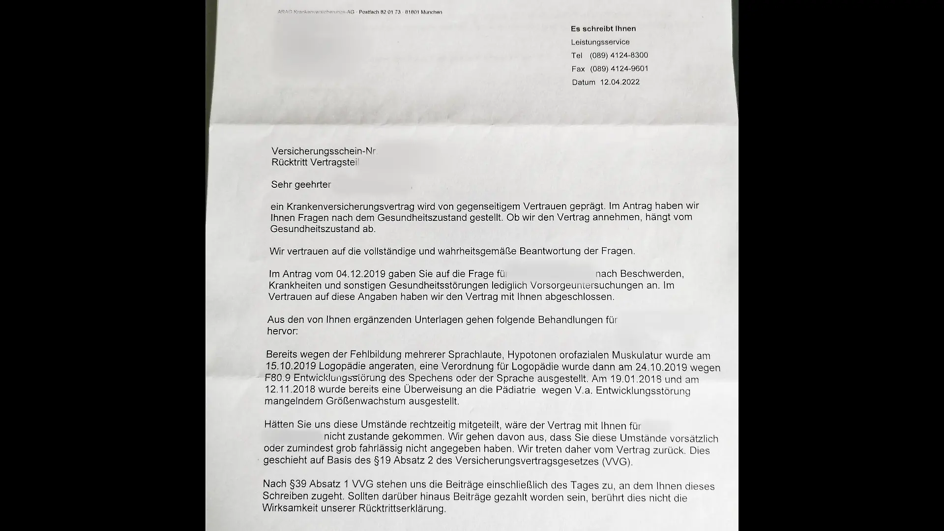 Schreiben von ARAG.