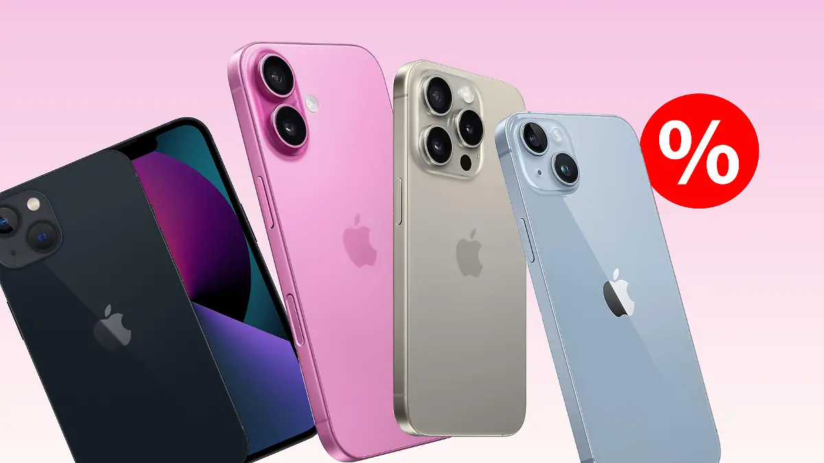 Unterschiedliche iPhones verteilt auf einem Bild vor einem Khaki Hintergrund.