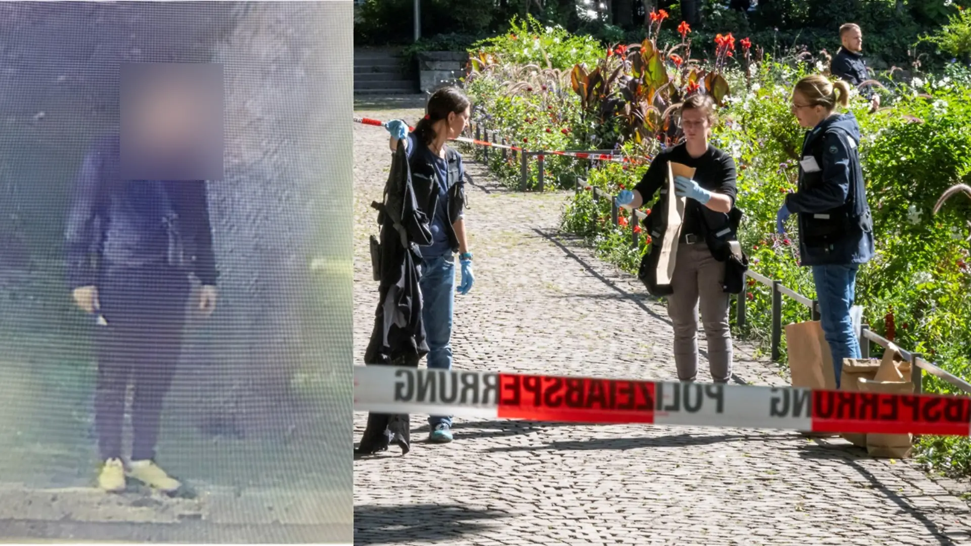 Mit diesem Foto sucht die Polizei nach einem mutmaßlichen Täter. Am Tatort werden währenddessen Spuren gesichert.