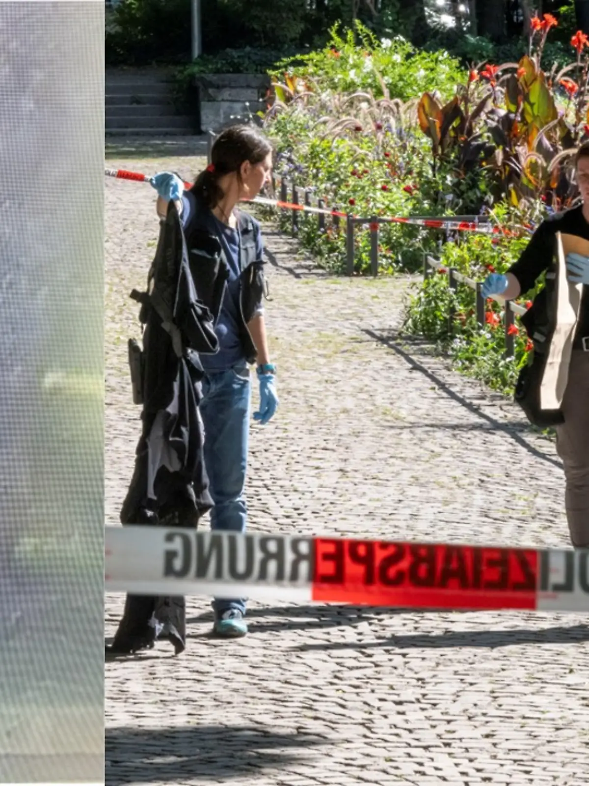 Mit diesem Foto sucht die Polizei nach einem mutmaßlichen Täter. Am Tatort werden währenddessen Spuren gesichert.