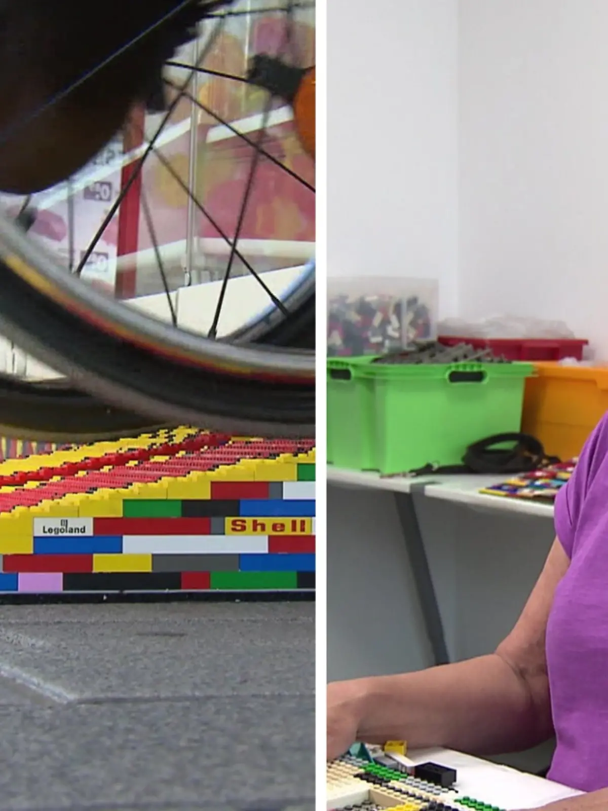 Fotokollage: Links eine Lego-Rampe, auf der ein Rollstuhl gerade fährt, rechts Rita Ebel im RTL-Interview