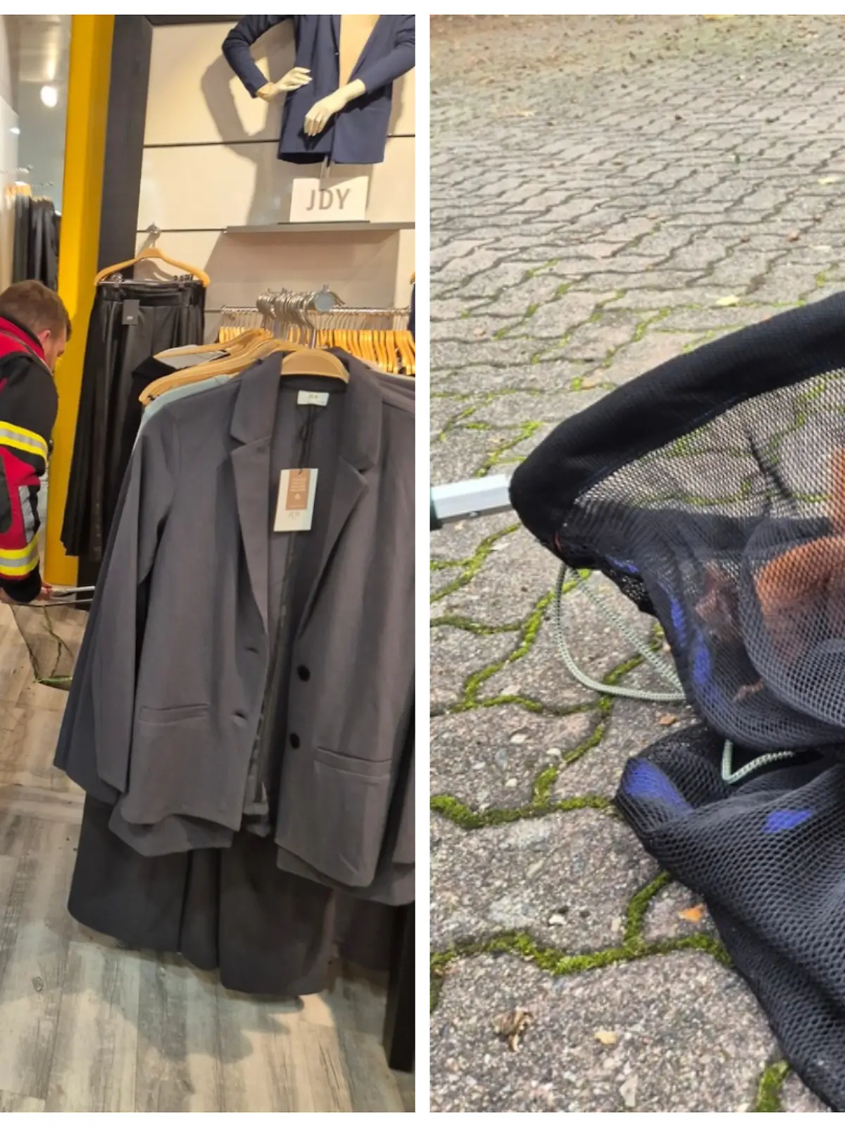 Ein Feuerwehrmann sucht in einem Modehaus nach einem Eichhörnchen.