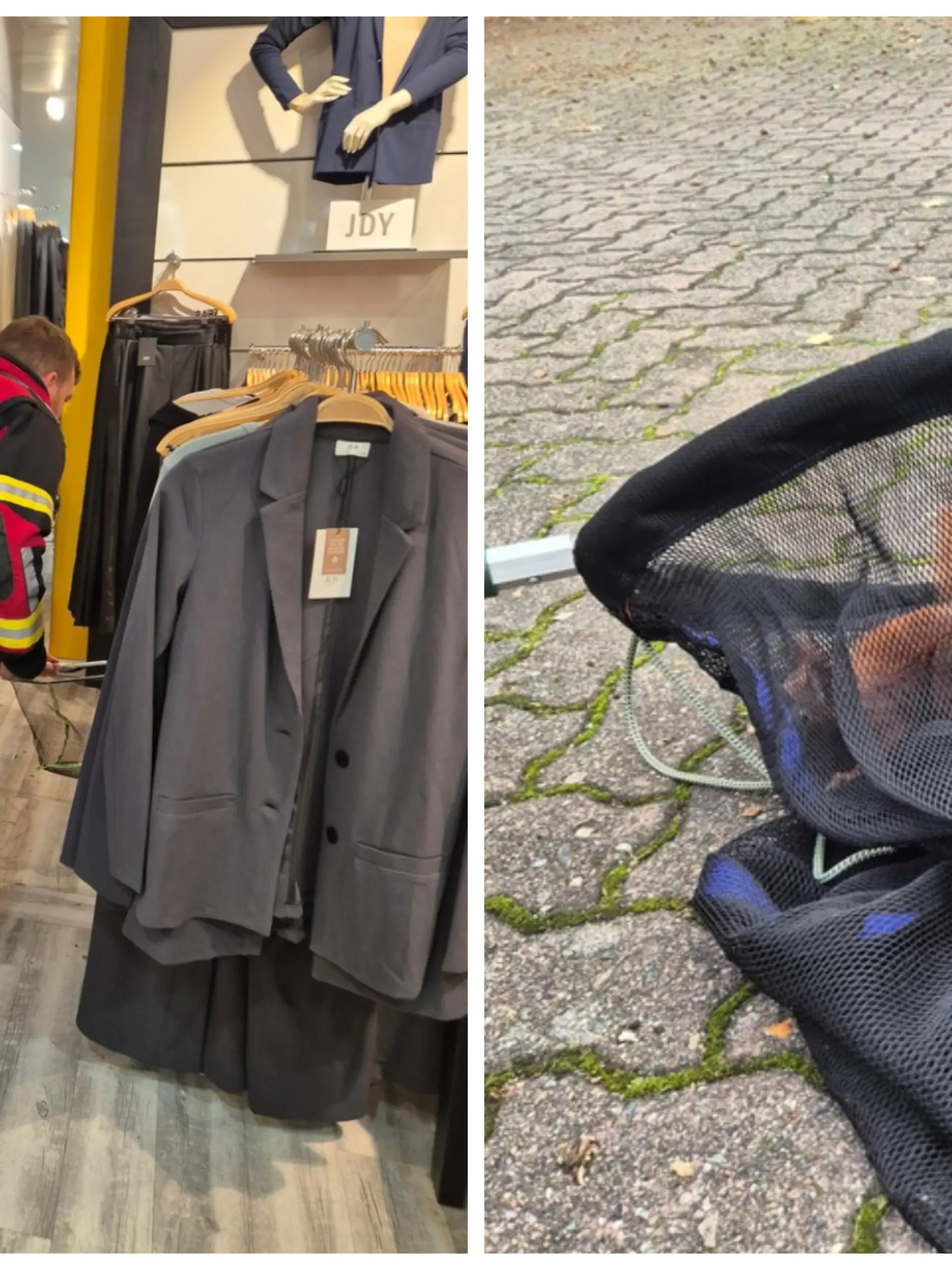 Ein Feuerwehrmann sucht in einem Modehaus nach einem Eichhörnchen.