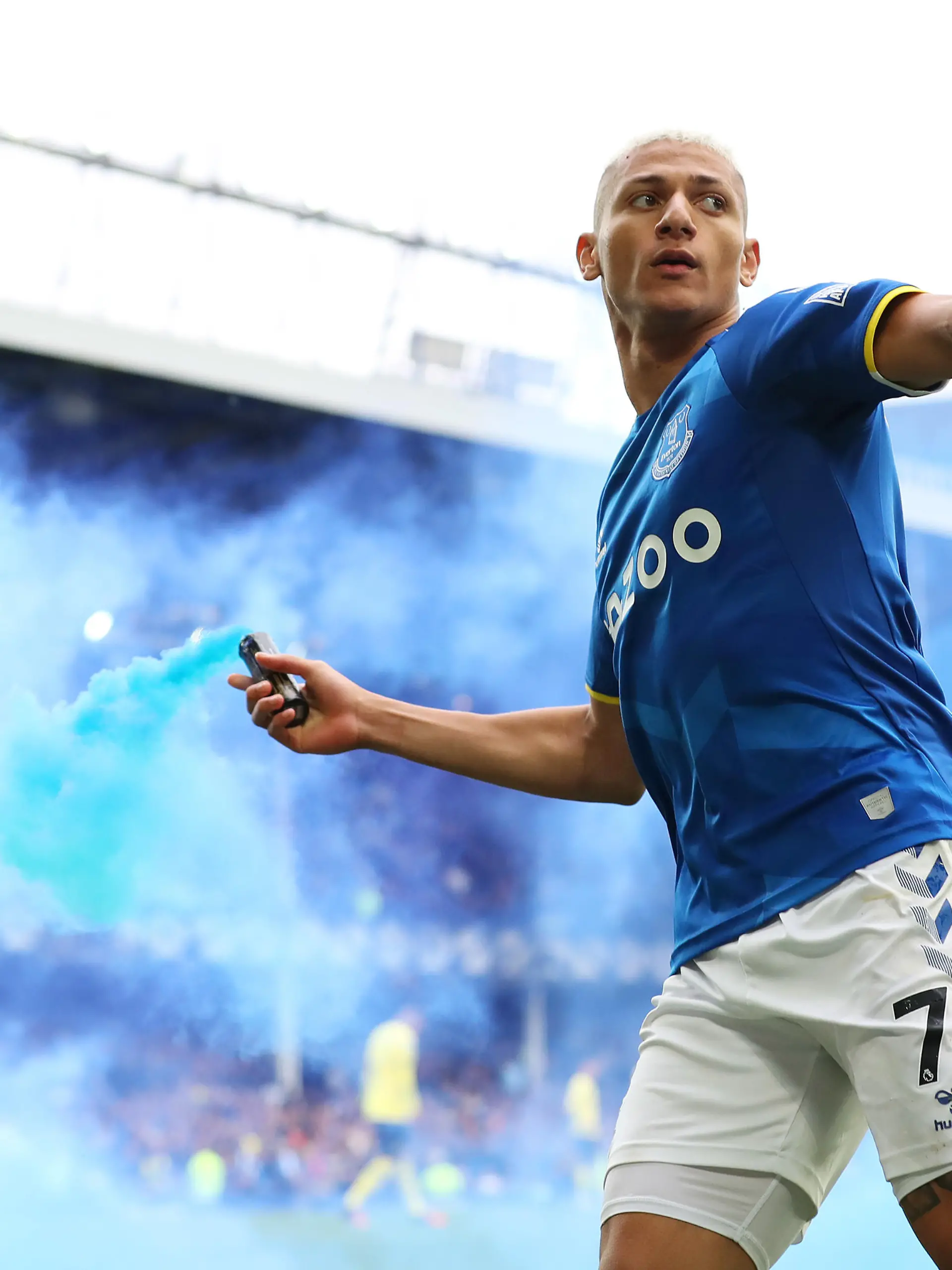 LIVERPOOL, ENGLAND - MAY 01: Richarlison of Everton celebrates with a flare after scoring their team's first goal during the Premier League match between Everton and Chelsea at Goodison Park on May 01, 2022 in Liverpool, England. (Photo by Jan Kruger/Getty Images) *** BESTPIX ***
