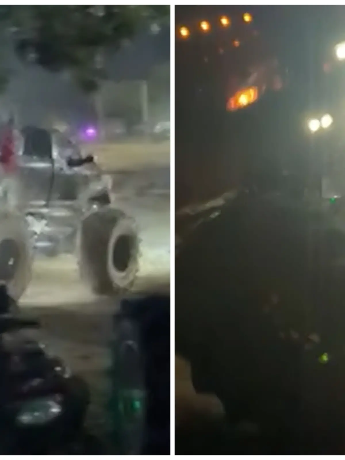 Fotokollage: Links ein Bild des Trucks nachdem er ein Auto überfahren hat, rechts ein Bild währenddessen
