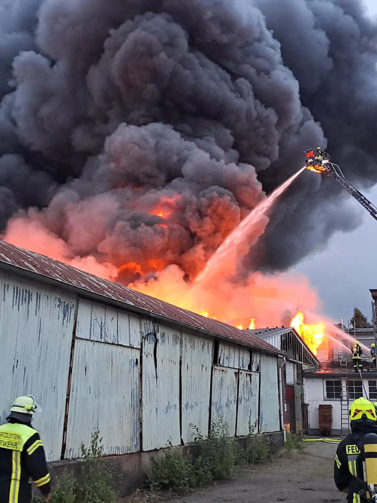 29.06.2023, Niedersachsen, Varel: Einsatzkräfte der Feuerwehr löschen den Brand in einer Porzellanfabrik. In einer Porzellanfabrik in Varel (Landkreis Friesland) ist ein Feuer ausgebrochen. Mehrere Lagerhallen stehen seit Donnerstagabend auf dem Gelände der Fabrik in Vollbrand, wie ein Polizeisprecher sagte. Über dem Firmengelände steigt eine riesige Rauchwolke auf. Die Polizei bat die Anwohnenden, Türen und Fenster geschlossen zu halten. Die Feuerwehr ist mit zahlreichen Lösch- und Rettungsfahrzeugen vor Ort. Ob es Verletzte gab, war zunächst nicht bekannt. Foto: Steve Hamann/Nord-West-Media/dpa +++ dpa-Bildfunk +++