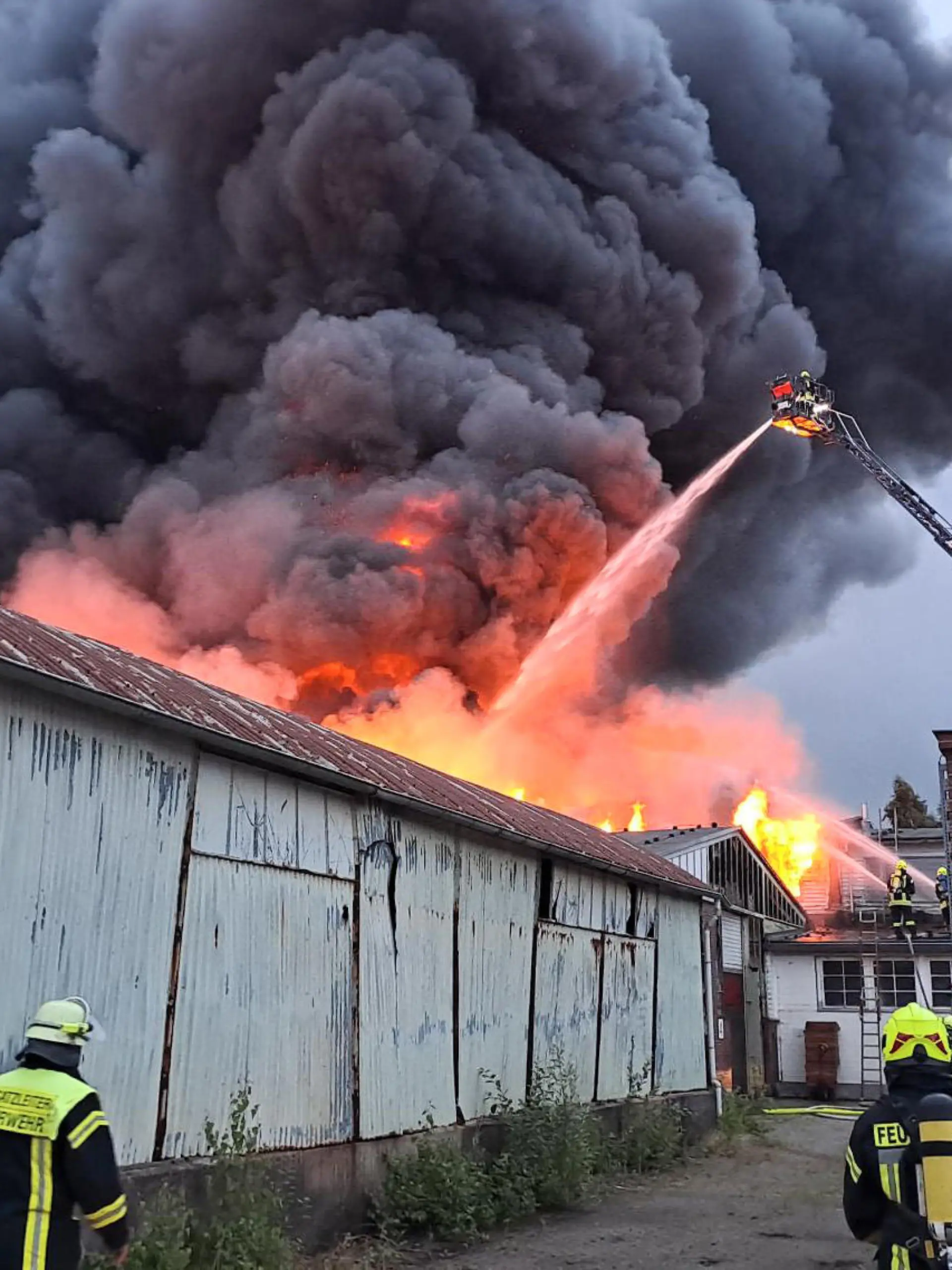 29.06.2023, Niedersachsen, Varel: Einsatzkräfte der Feuerwehr löschen den Brand in einer Porzellanfabrik. In einer Porzellanfabrik in Varel (Landkreis Friesland) ist ein Feuer ausgebrochen. Mehrere Lagerhallen stehen seit Donnerstagabend auf dem Gelände der Fabrik in Vollbrand, wie ein Polizeisprecher sagte. Über dem Firmengelände steigt eine riesige Rauchwolke auf. Die Polizei bat die Anwohnenden, Türen und Fenster geschlossen zu halten. Die Feuerwehr ist mit zahlreichen Lösch- und Rettungsfahrzeugen vor Ort. Ob es Verletzte gab, war zunächst nicht bekannt. Foto: Steve Hamann/Nord-West-Media/dpa +++ dpa-Bildfunk +++
