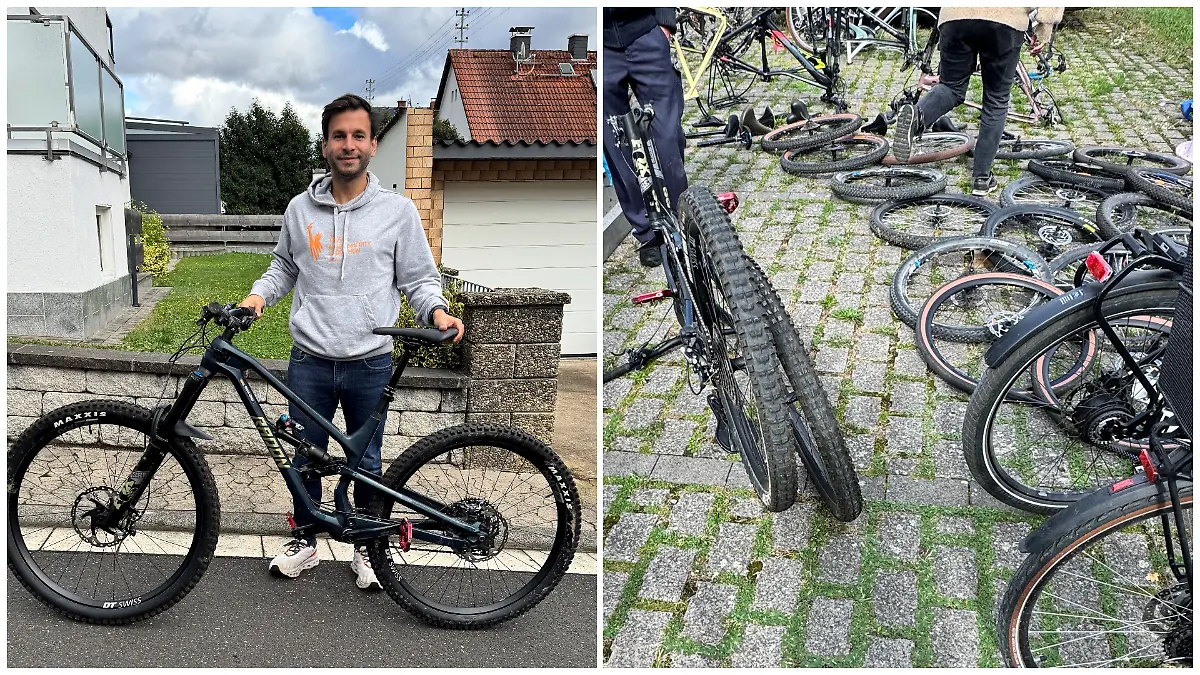 Fotokollage: Links Ersan mit seinem Mountainbike, rechts gestohlene Fahrräder und Reifen