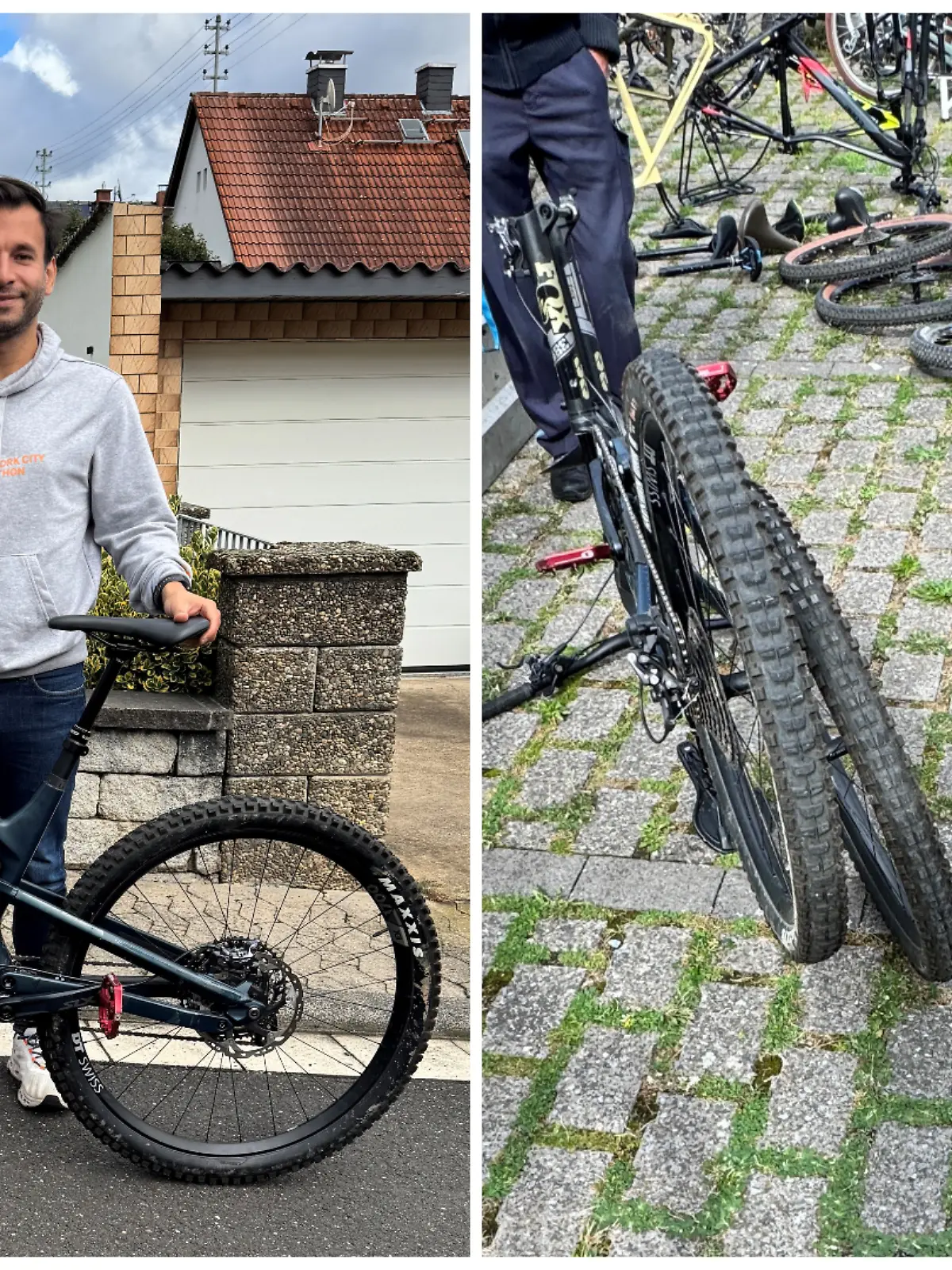 Fotokollage: Links Ersan mit seinem Mountainbike, rechts gestohlene Fahrräder und Reifen