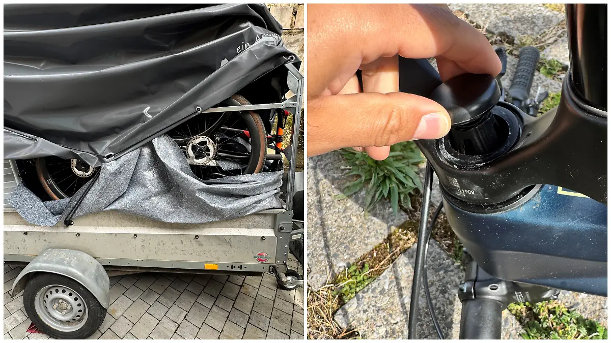 Fotokollage: Links der Anhänger mit Rädern beladen, rechts der Versteckte Airtag am Mountainbike.