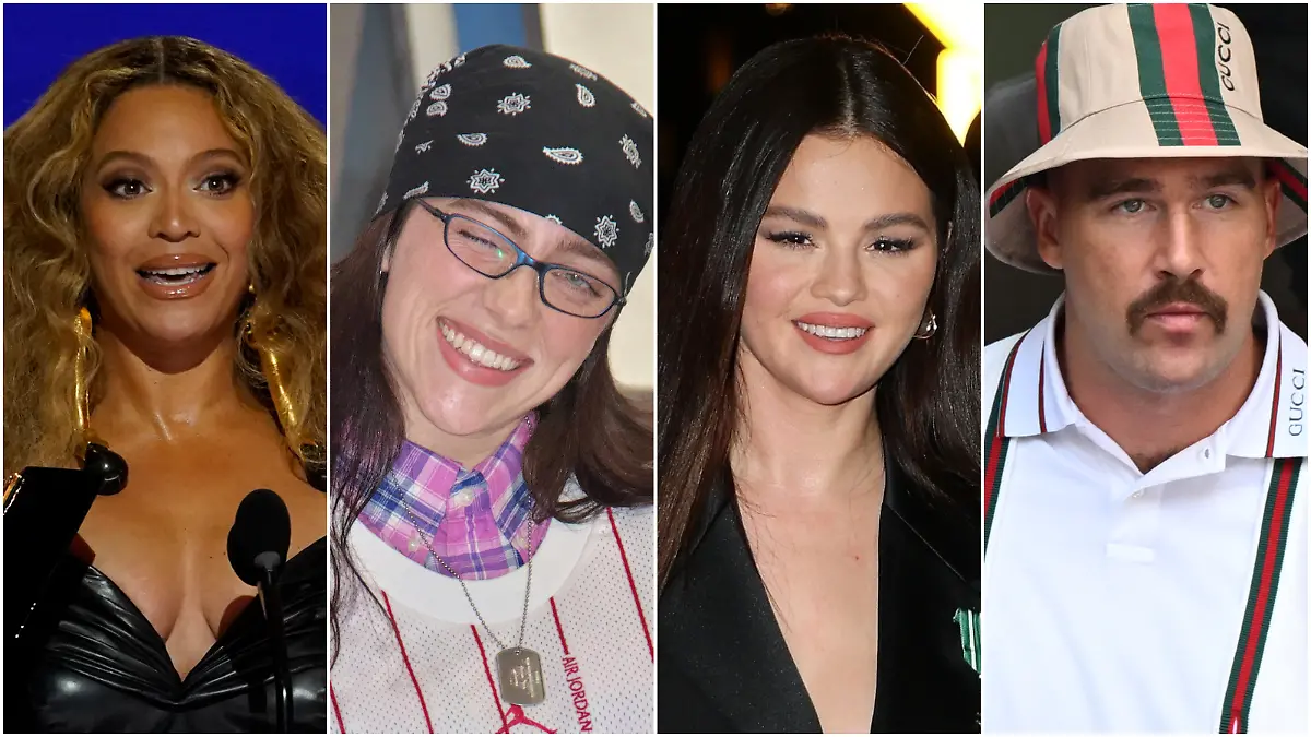 Beyoné, Billie Eilish, Selena Gomez und Travis Kelce (Collage)