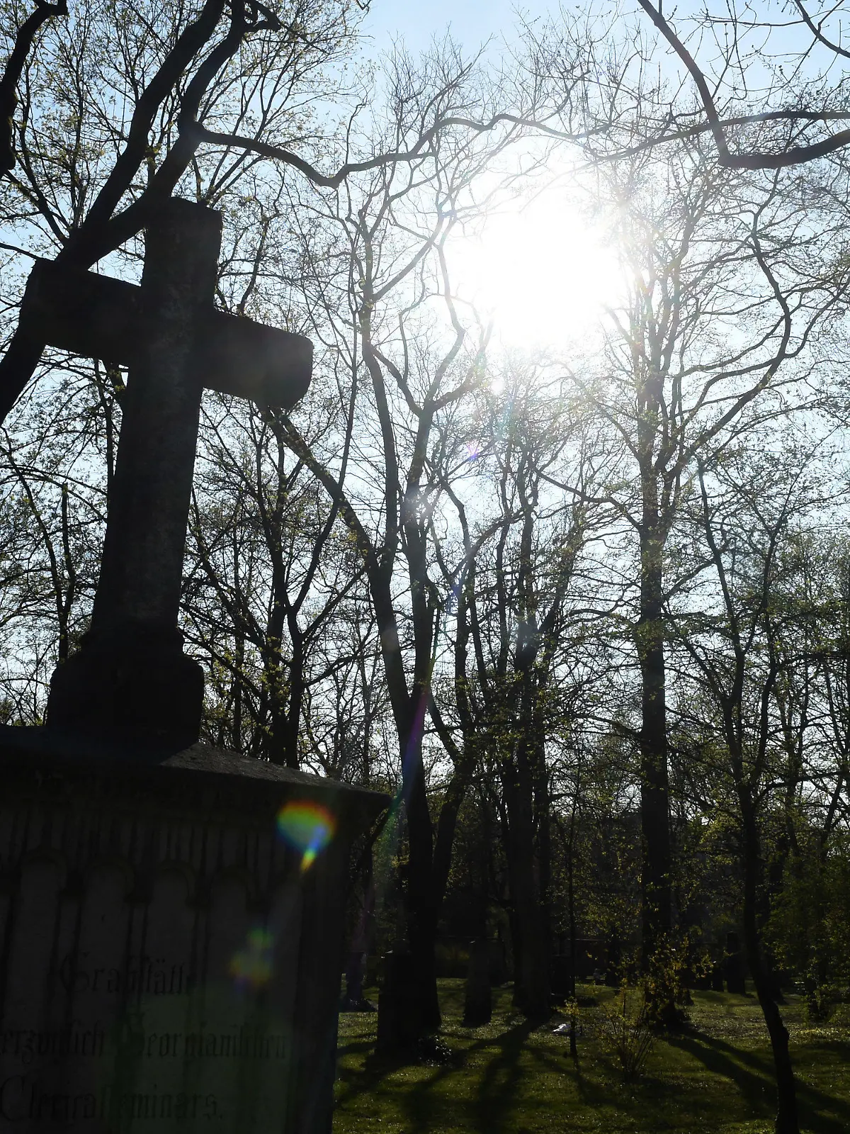 ARCHIV - 07.04.2020, Bayern, München: Die Sonne scheint hinter den Bäumen und eine Kreuz des Alten Nördlichen Friedhof. In Bayern feiern die evangelischen Christen Buß- und Bettag. Der Tag ist zwar kein gesetzlicher Feiertag mehr, Unterricht an den Schulen gibt es trotzdem nicht. Foto: Felix Hörhager/dpa +++ dpa-Bildfunk +++