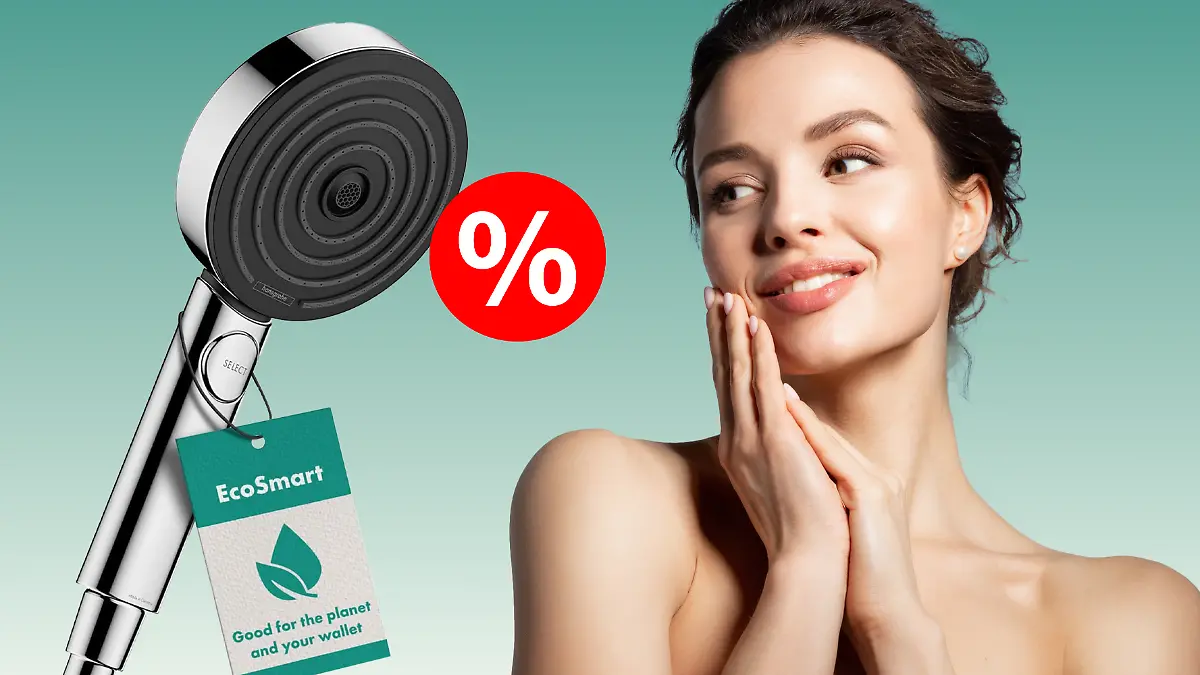 Der Hansgrohe-Duschkopf vor einem türkisen Hintergrund und einer jungen Frau auf der linken Seite.