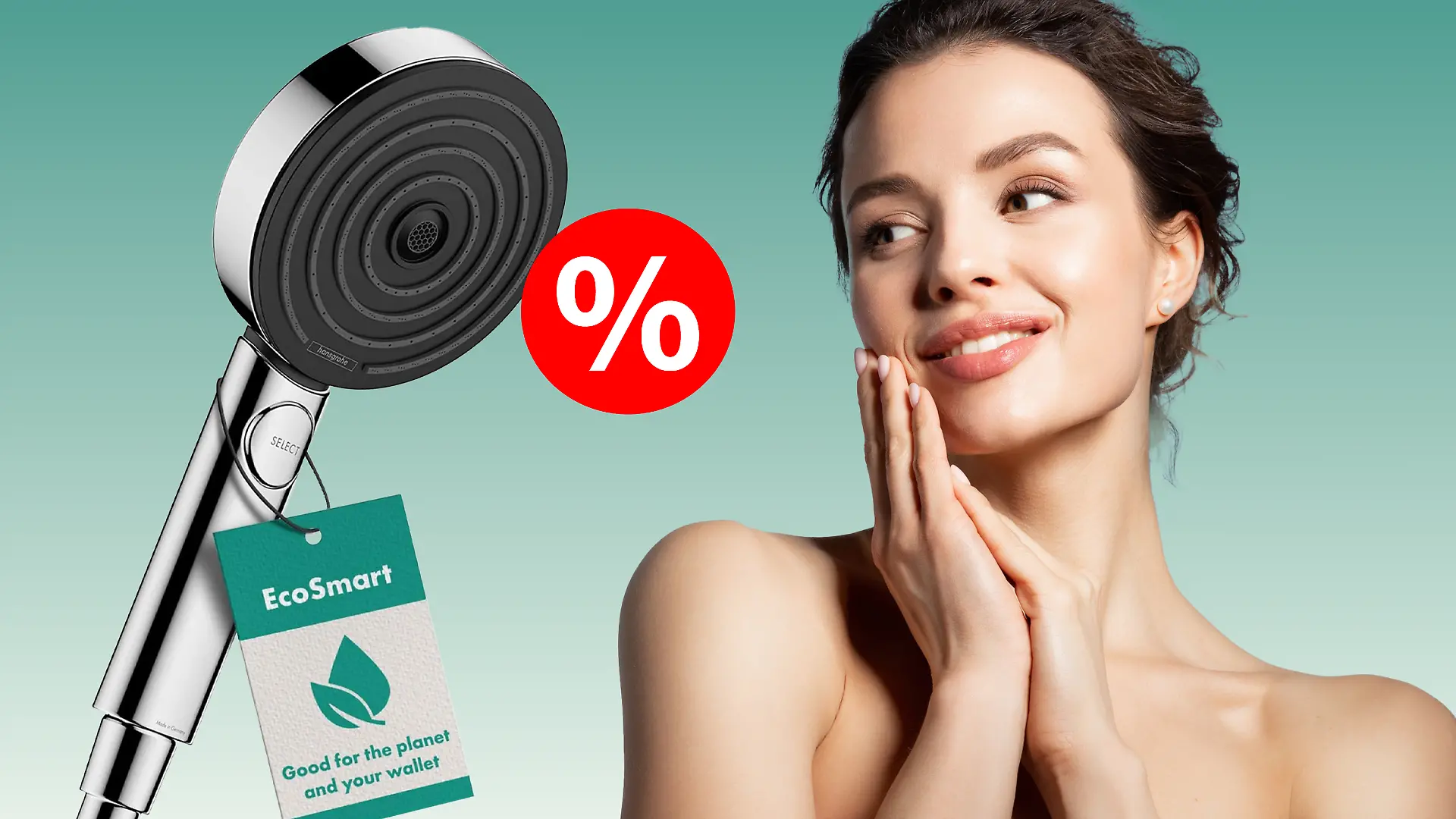 Der Hansgrohe-Duschkopf vor einem türkisen Hintergrund und einer jungen Frau auf der linken Seite.