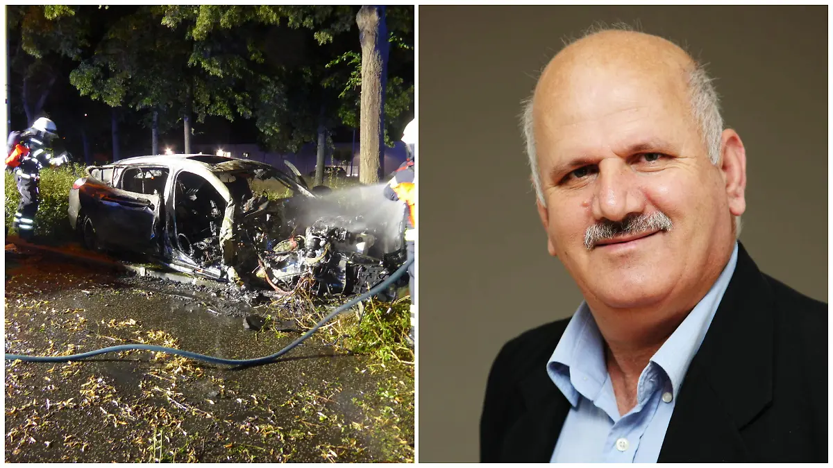 Fotokollage: Links das ausgebrannte Fahrzeug wird von Einsatzkräften gelöscht, rechts Amir Allawardi 