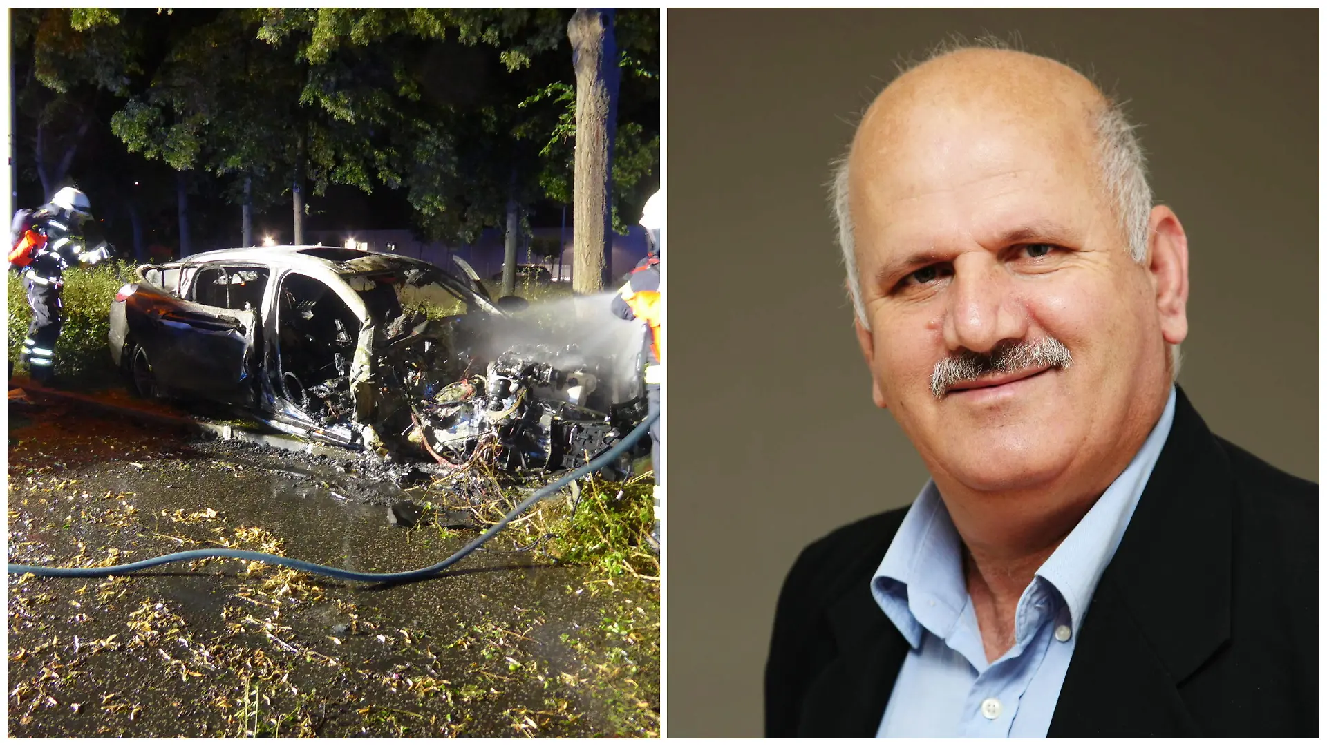 Fotokollage: Links das ausgebrannte Fahrzeug wird von Einsatzkräften gelöscht, rechts Amir Allawardi