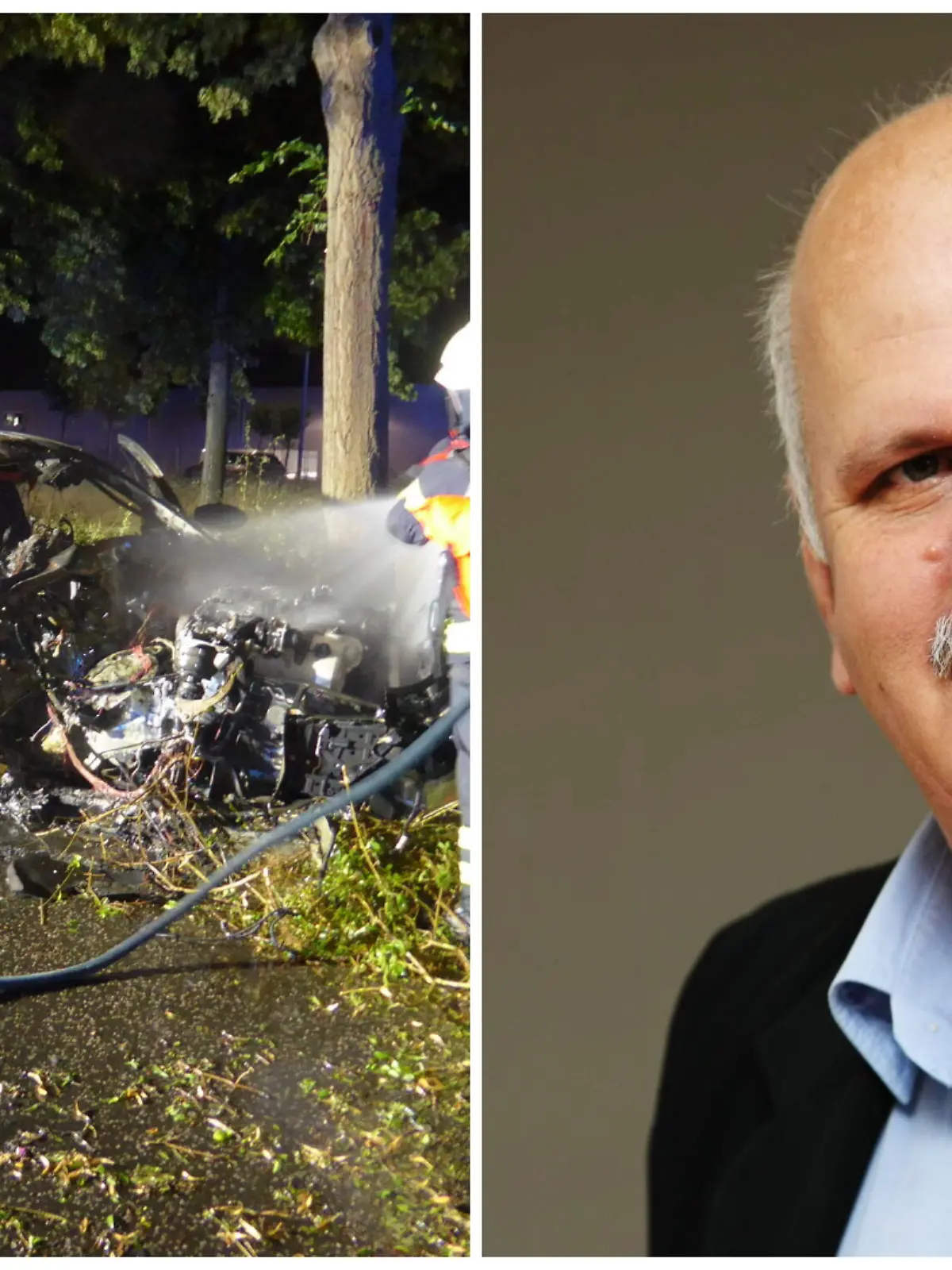Fotokollage: Links das ausgebrannte Fahrzeug wird von Einsatzkräften gelöscht, rechts Amir Allawardi 