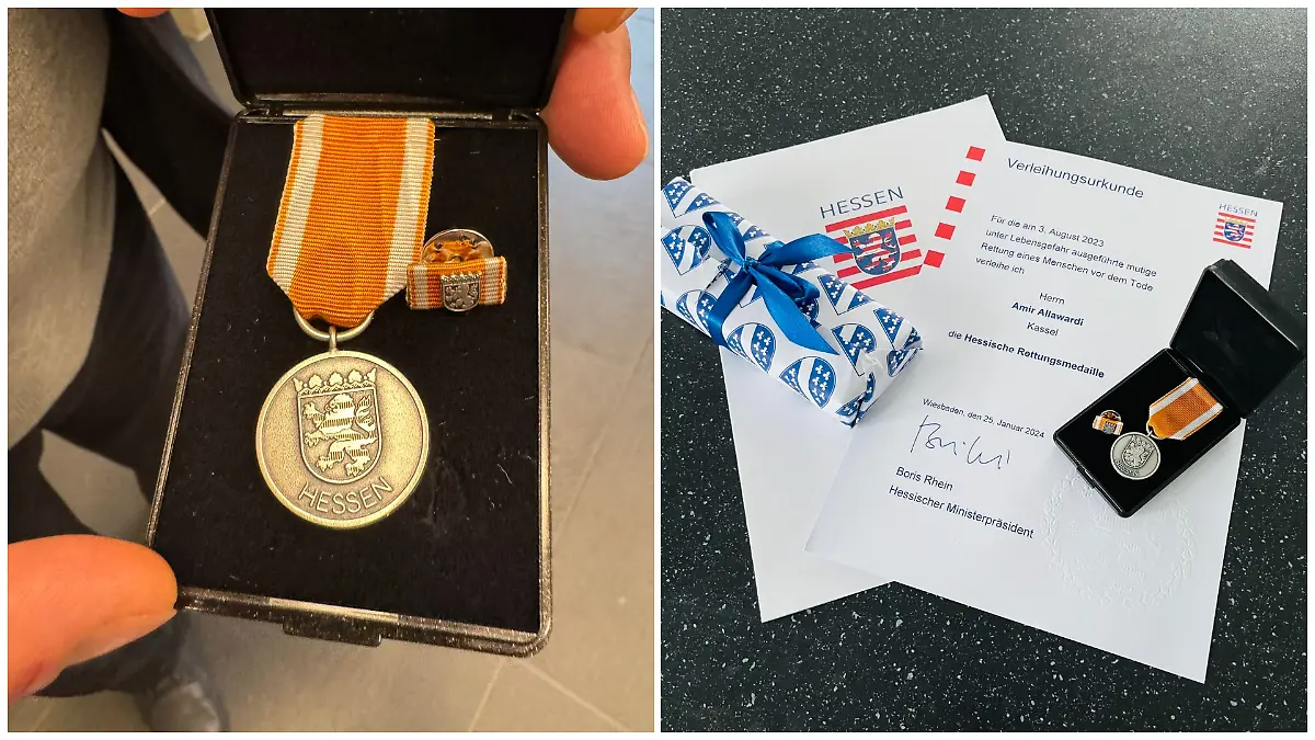 Fotokollage: rechts eine Nahaufnahme der hessischen Rettungsmedaille, links die Medaille mit passenden Dokumenten auf einem Tisch