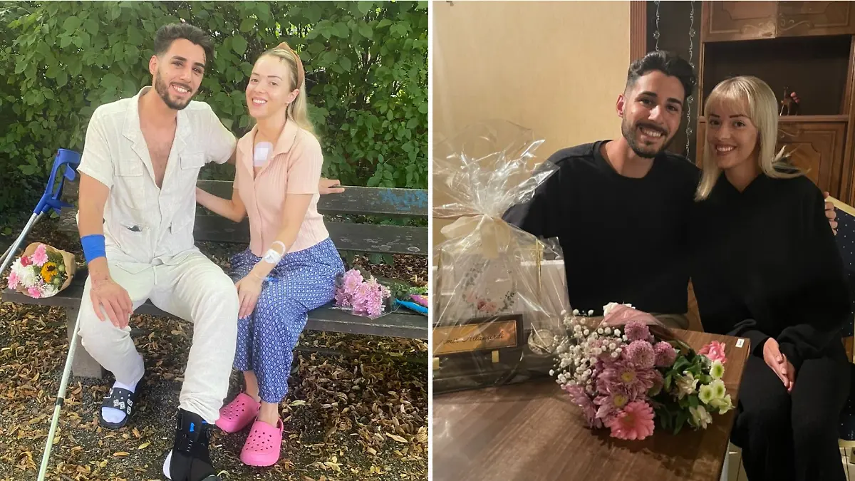 Fotokollage: Links der 27-Jährige und seine 25-jährige Beifahrerin wenige Tage nach dem Unfall auf einer Bank, rechts: beide wieder gesund zu Besuch in Amirs Pension.