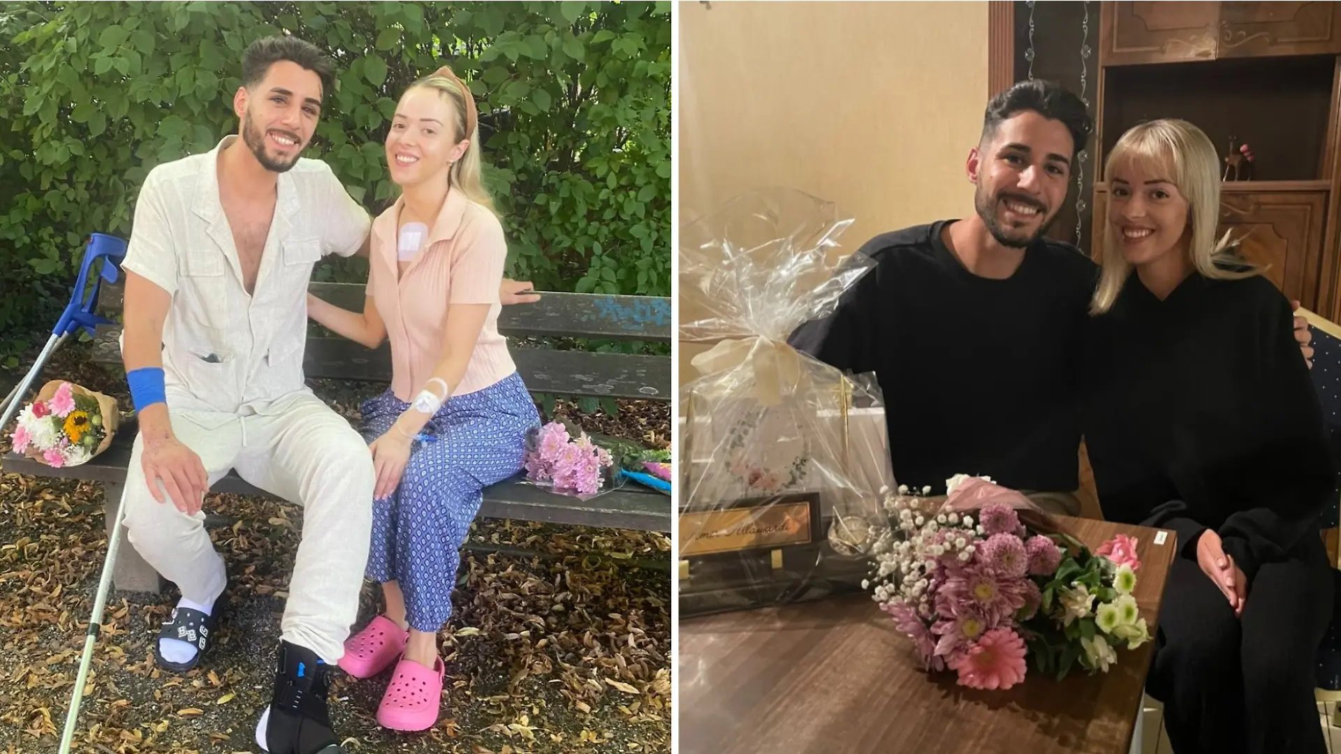Fotokollage: Links der 27-Jährige und seine 25-jährige Beifahrerin wenige Tage nach dem Unfall auf einer Bank, rechts: beide wieder gesund zu Besuch in Amirs Pension.
