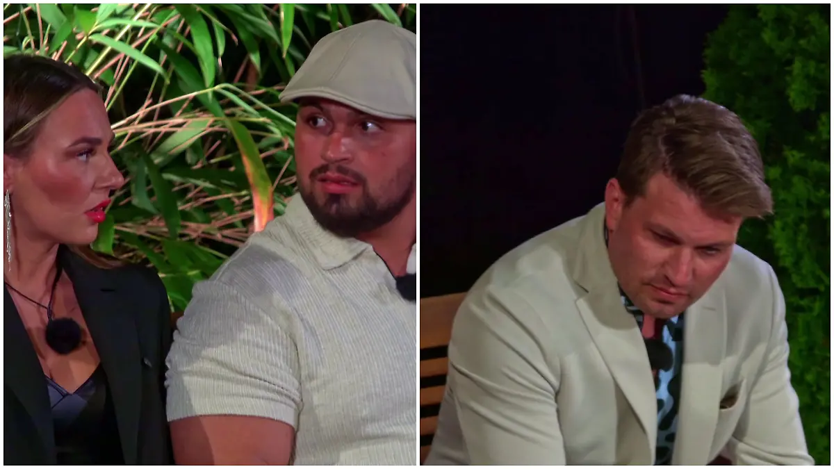 Alessai Herren und Raúl Richter zeigen sich nach der Entscheidung von Theresia Fischer und Stefan Kleiser erschrocken und fassungslos beim Sommerhaus der Stars.