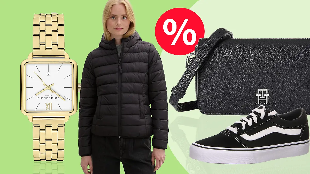 Unterschiedliche Fashion-Artikel vor einem grünen Hintergrund.