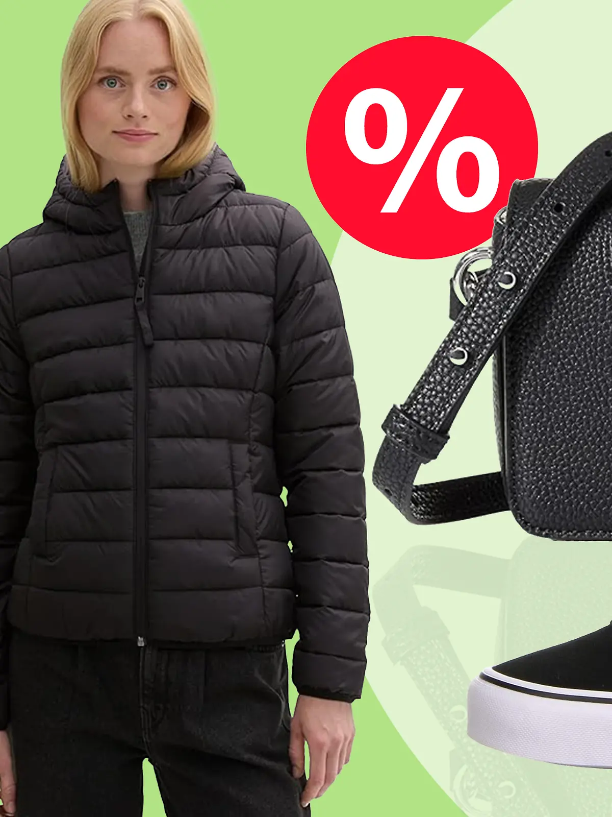 Unterschiedliche Fashion-Artikel vor einem grünen Hintergrund.