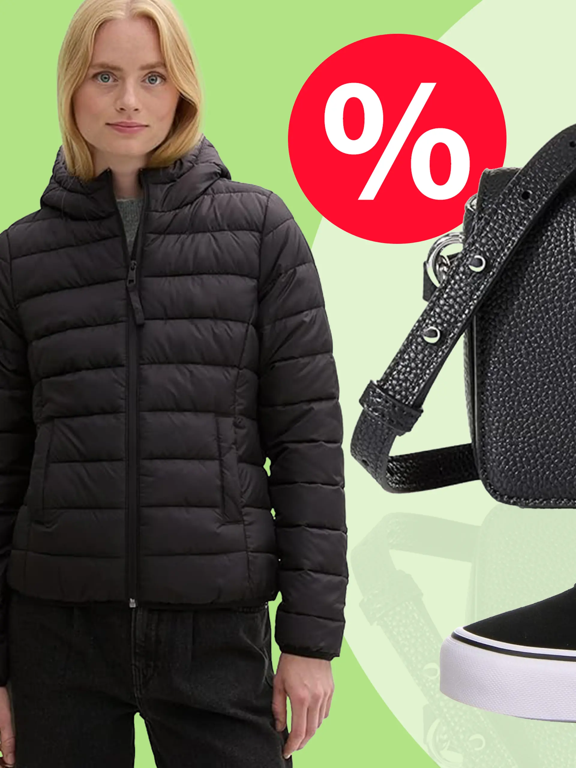 Unterschiedliche Fashion-Artikel vor einem grünen Hintergrund.