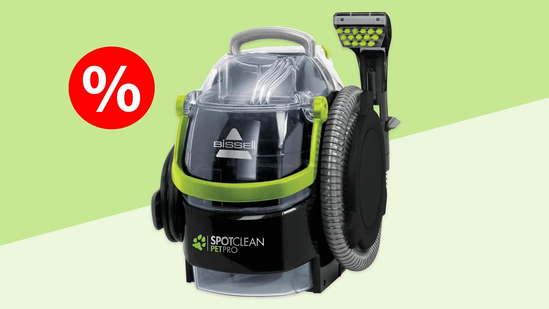 Der Bissell SpotClean Pet Pro Fleckenreiniger vor grünem Hintergrund.
