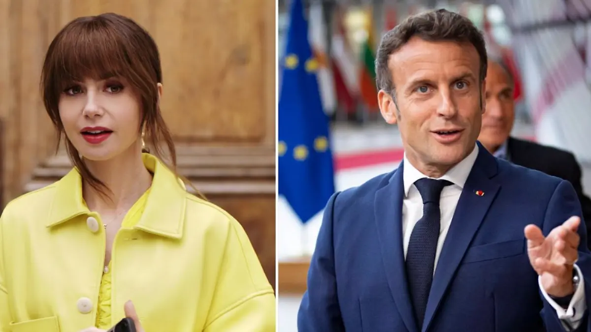 Collage Lily Collins und Präsident Macron