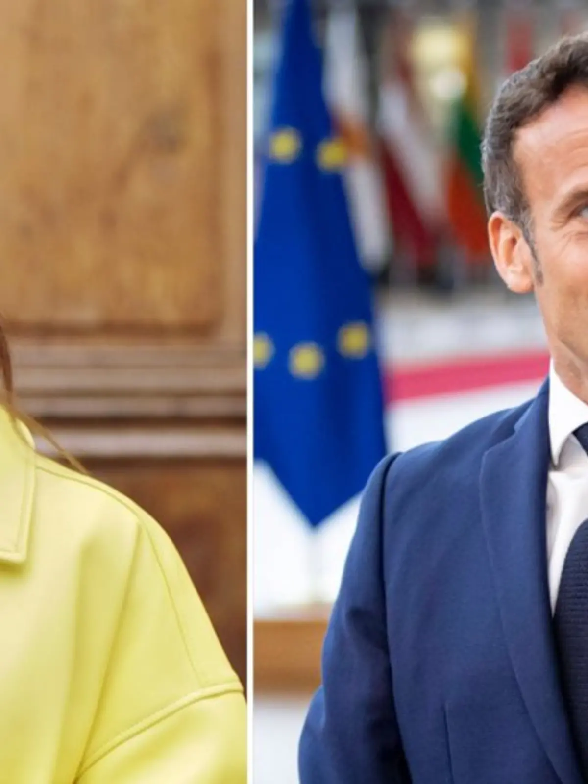 Collage Lily Collins und Präsident Macron