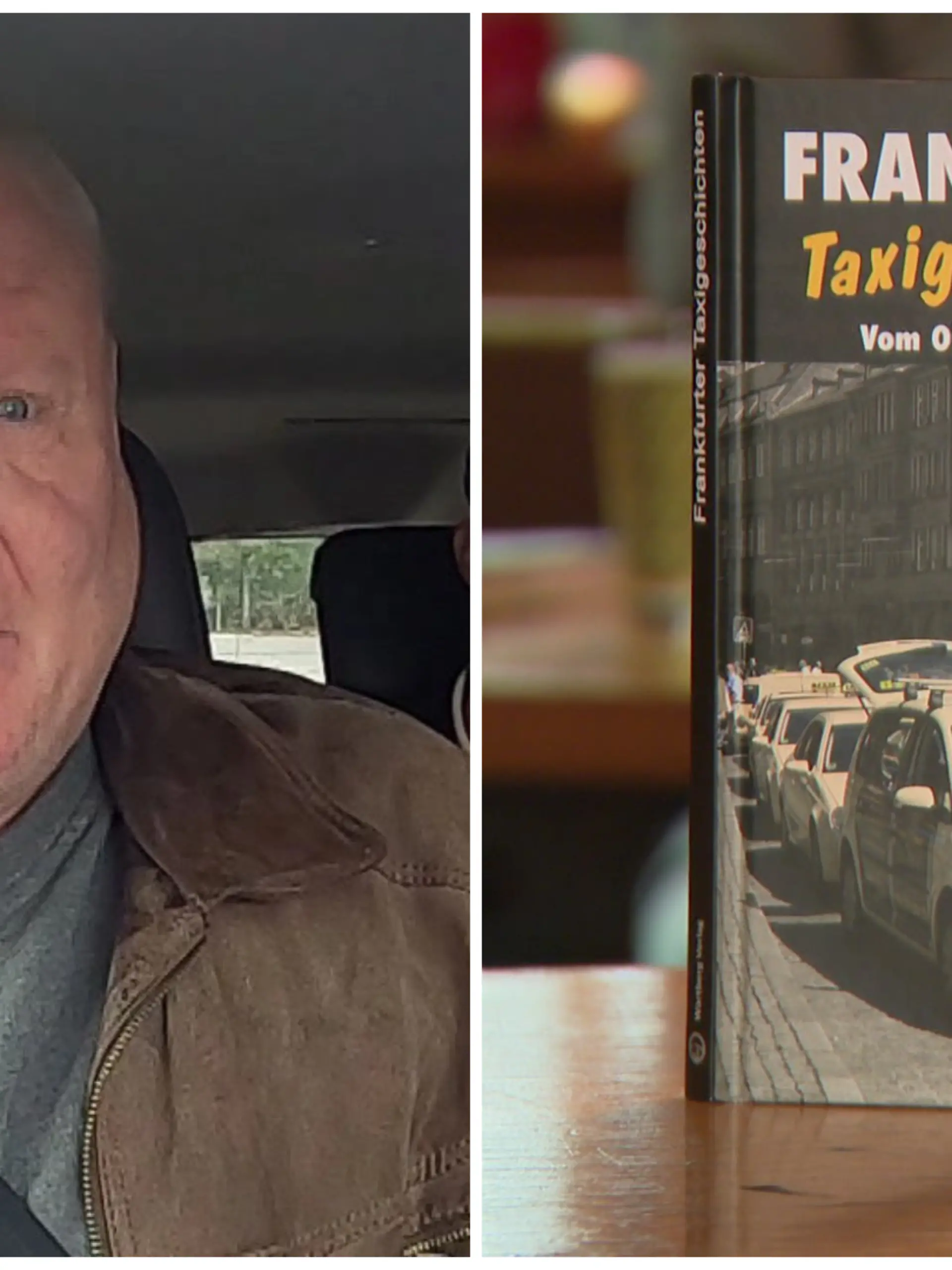 Fotokollage: Links Markus Kutscher im Auto, rechts das Buch „Frankfurter Taxigeschichten”