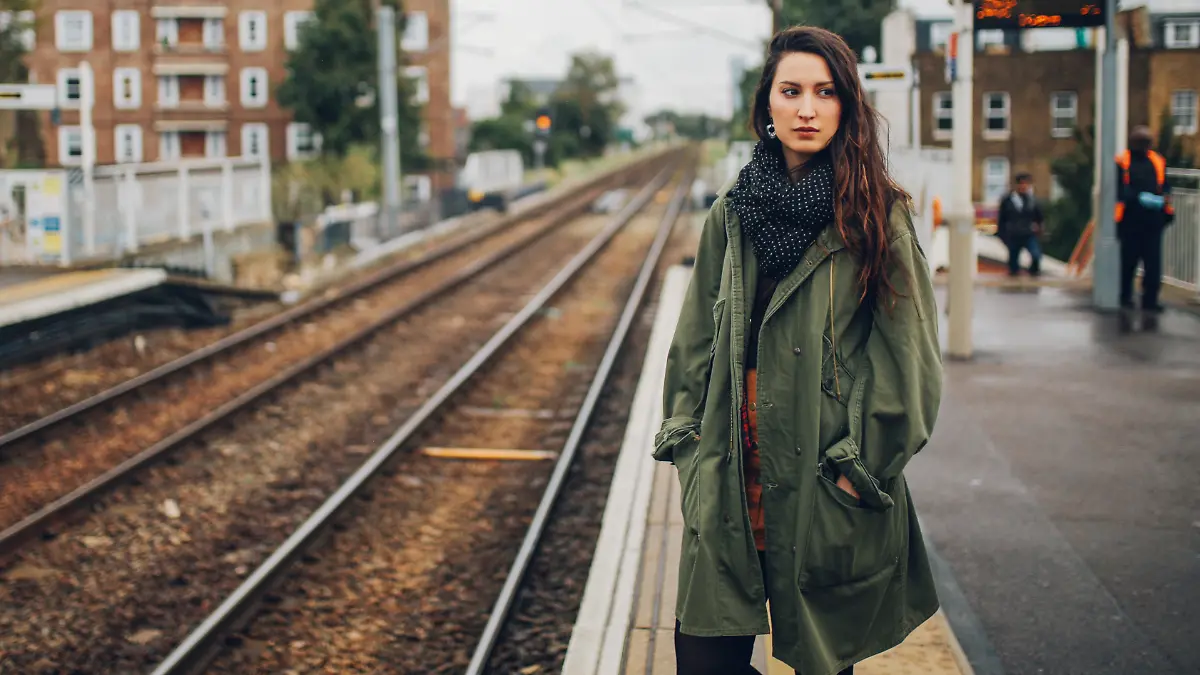 Frau mit Parka in Khaki steht am Bahnsteig.