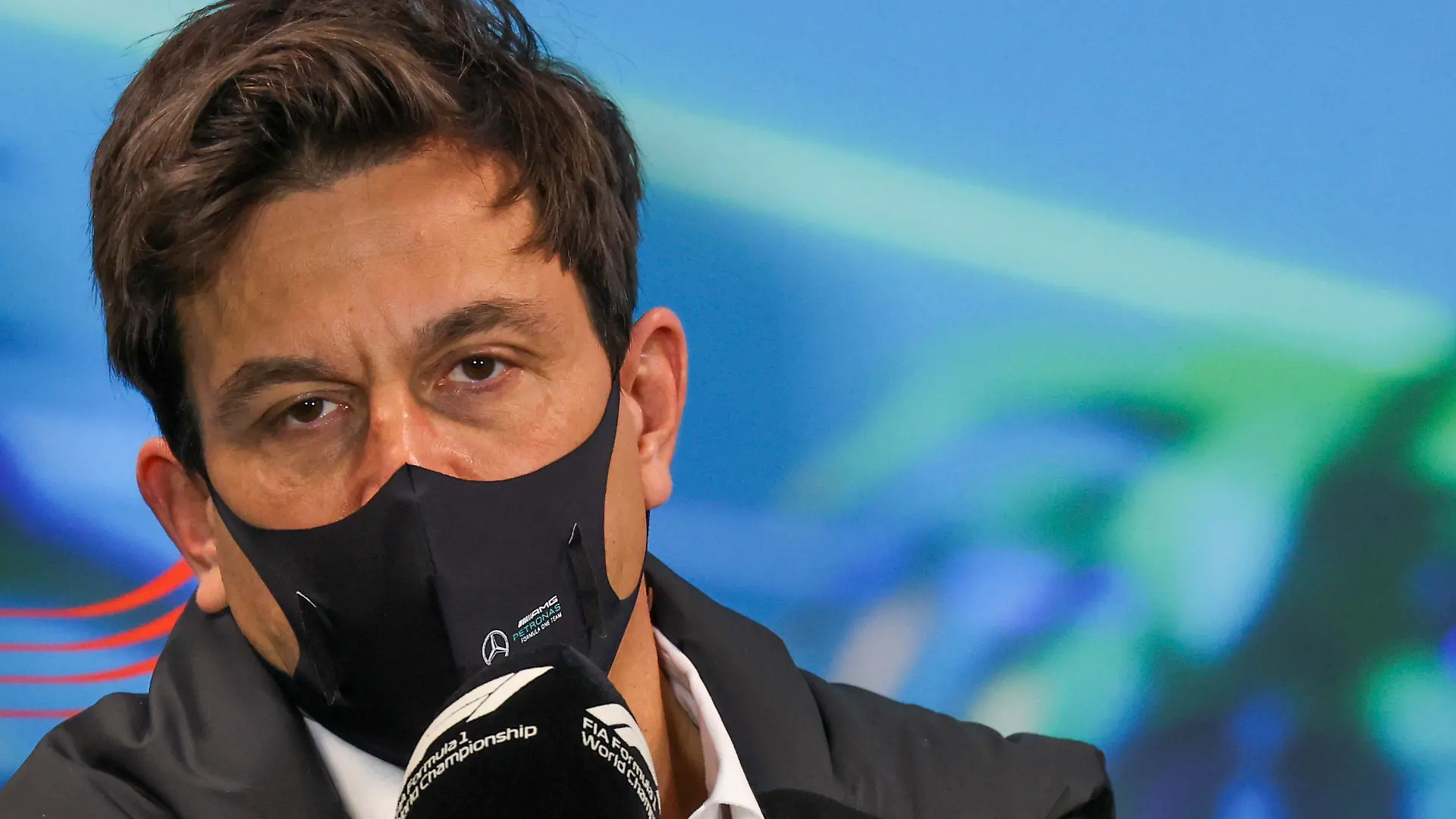 Mercedes team principal Toto Wolff answers questions during a press conference at the Australian Formula One Grand Prix in Melbourne, Australia, Saturday, April 9, 2022. (AP Photo/Asanka Brendon Ratnayake)