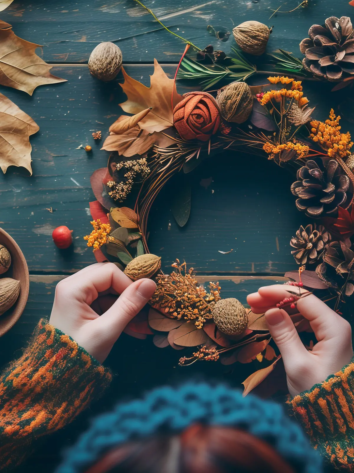 Tisch voller verwelkter Blätter und Herbst Deko