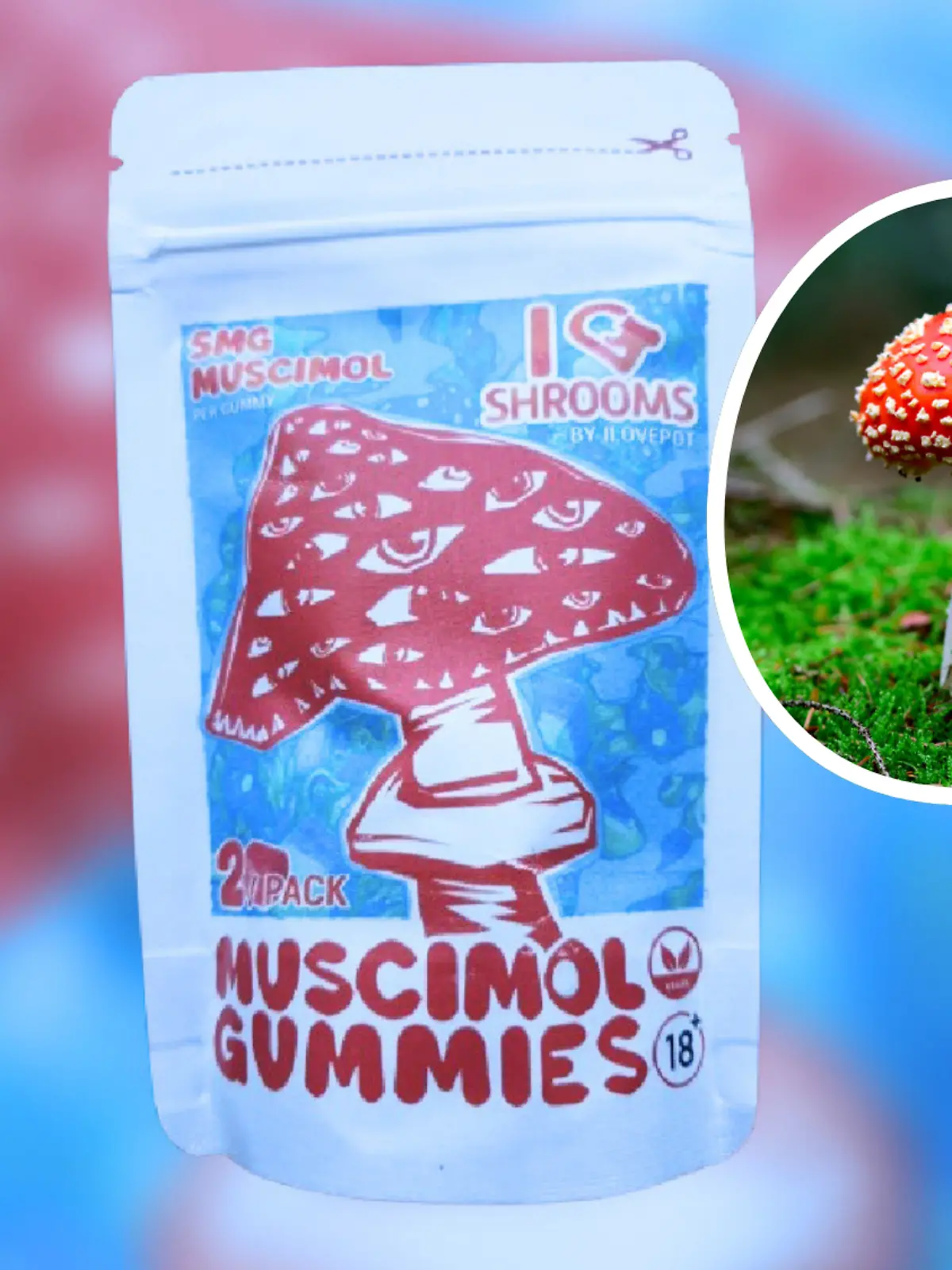Packung Gummibärchen mit Fliegenpilz-Gift