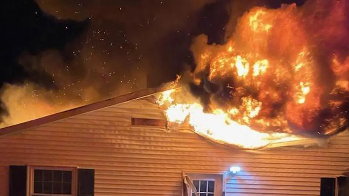 This picture made available by Canton Fire Department FaceBook, shows a building on fire in Canton, N.Y., Thursday, Oct. 24, 2024. More than 40 dogs were killed Thursday when a fire swept through a rescue organization’s shelter in northern New York, authorities said.