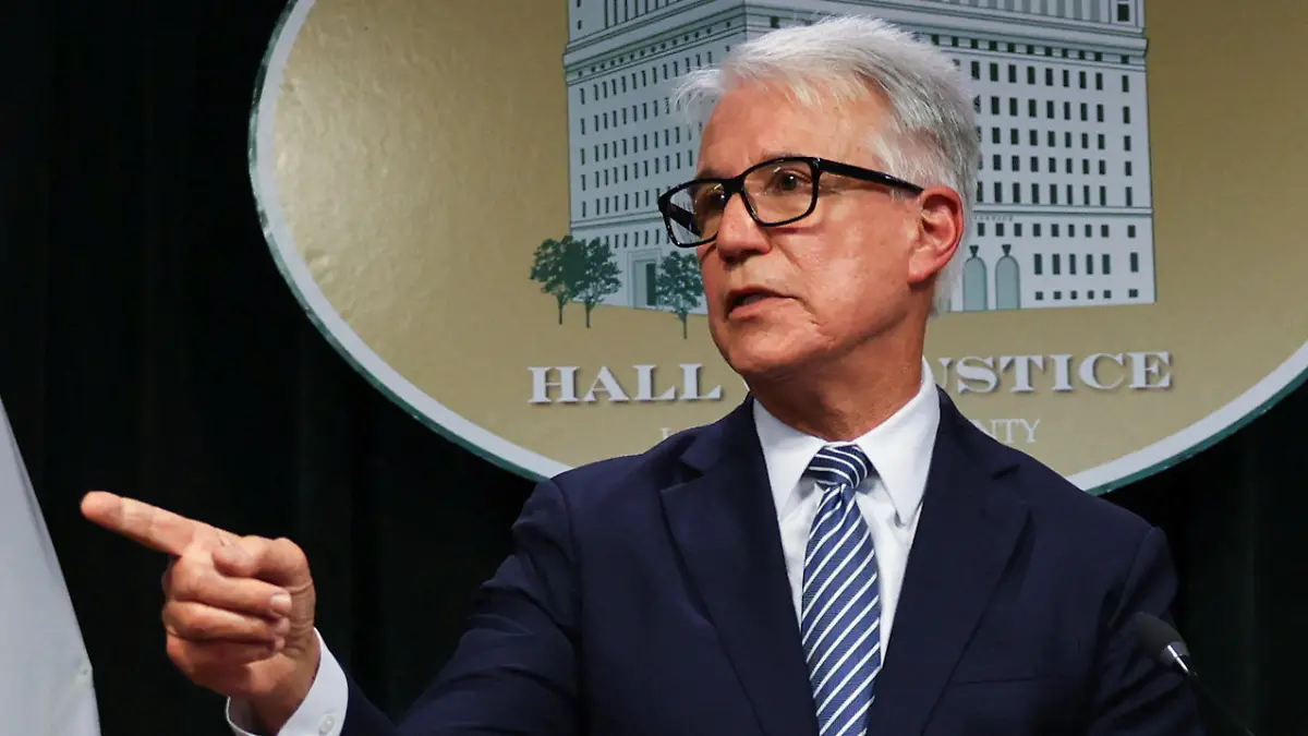 Los Angeles County District Attorney George Gascon points a finger as he speaks during a news conference to announce a decision in the case of brothers Erik and Lyle Menendez, who have spent 34 years in prison for the shotgun murder of their parents, at his office in Los Angeles, California, U.S., October 24, 2024.