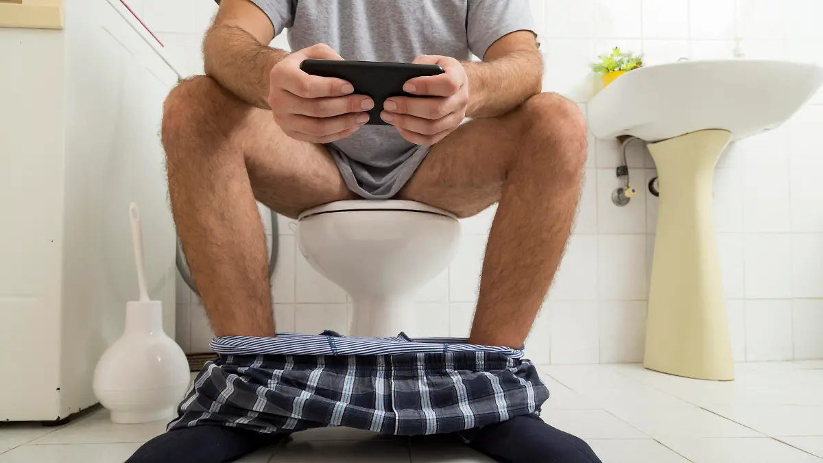Detail of a man sitting on the toilet, reading the newspaper on a smart phone